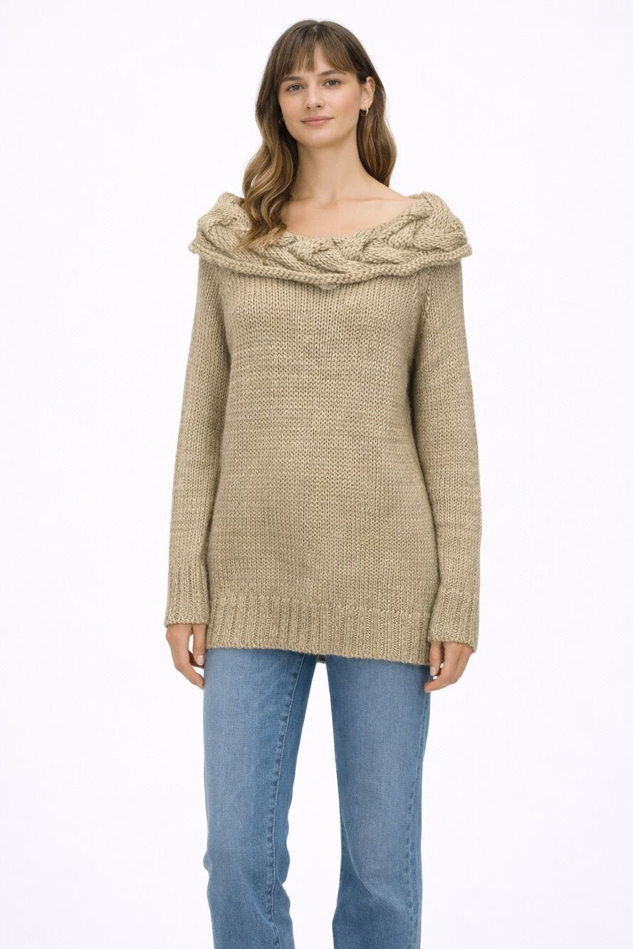 MODA International Chunky Knit Wool Blend Gold Cowl Neck Sweater Womens Size XL